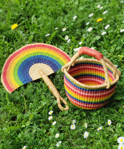 Rainbow Baby Bolga Basket with Brown Leather from Ghana