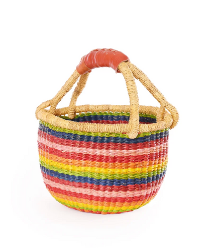 Rainbow Baby Bolga Basket with Brown Leather from Ghana
