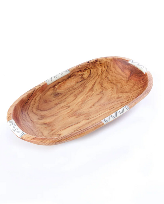 Wild Olive Wood Serving Bowl with Striped Bone Inlay from Kenya