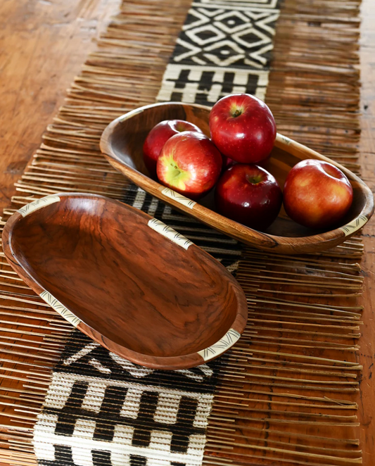 Wild Olive Wood Serving Bowl with Striped Bone Inlay from Kenya