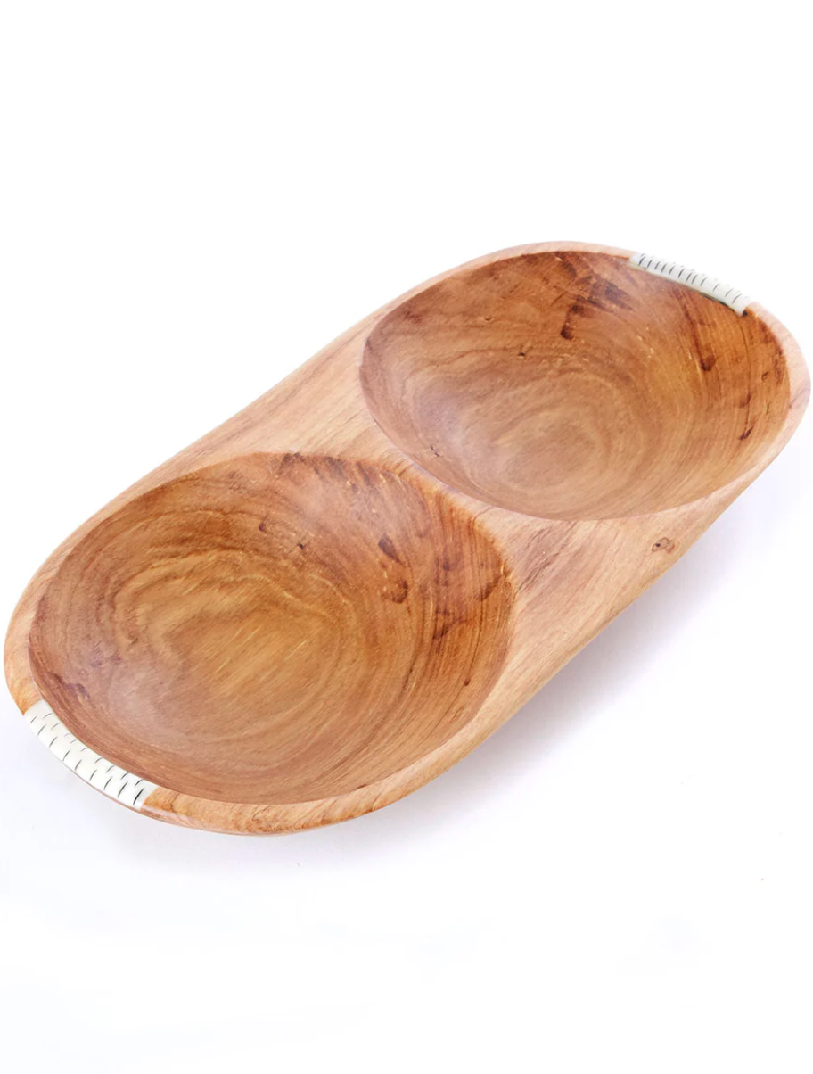 Wild Olive Wood Double Serving Bowl with Bone Inlay from Kenya