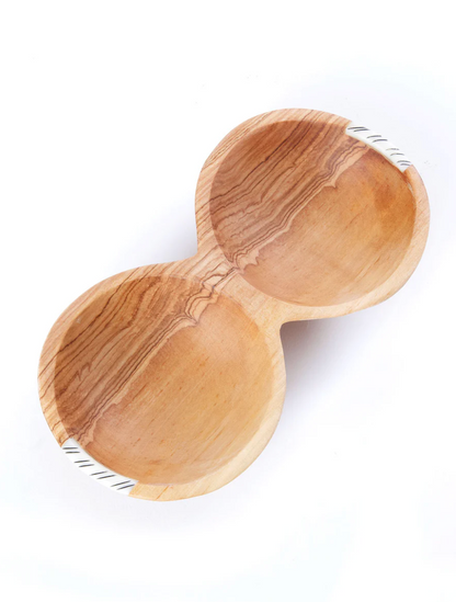 Wild Olive Wood Double Round Serving Bowl with Bone Inlay from Kenya