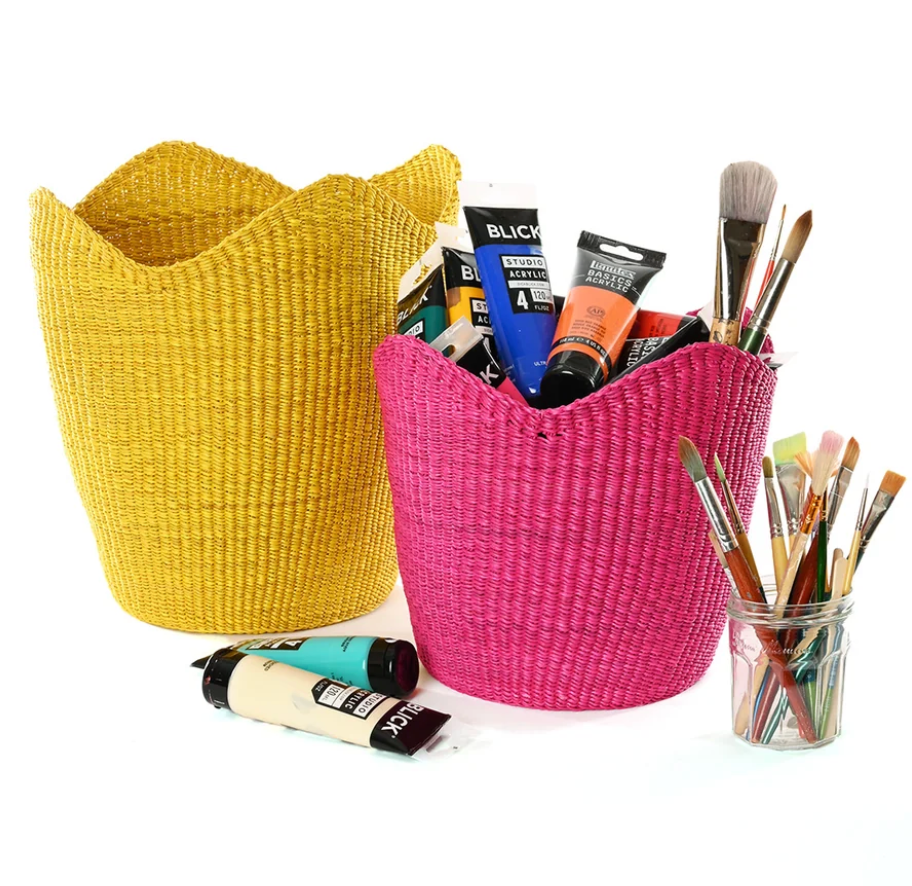 Yellow Elephant Grass Tulip Basket from Ghana