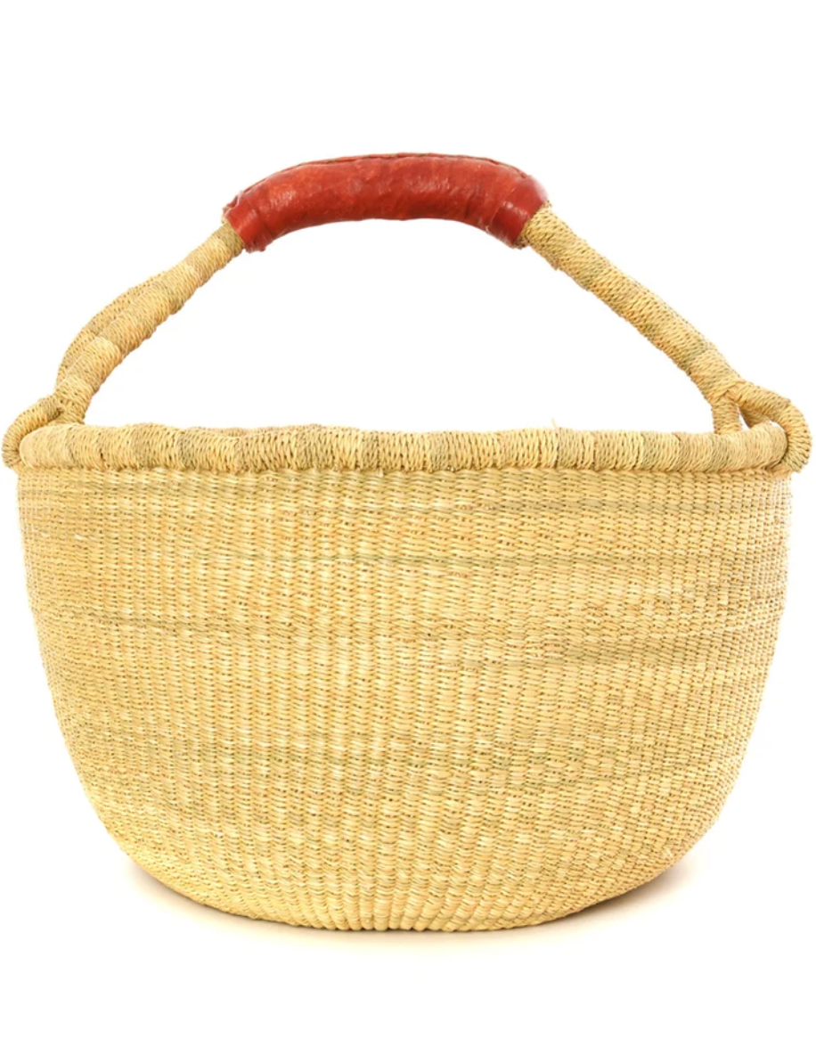 Natural Bolga Basket with Brown Leather from Ghana