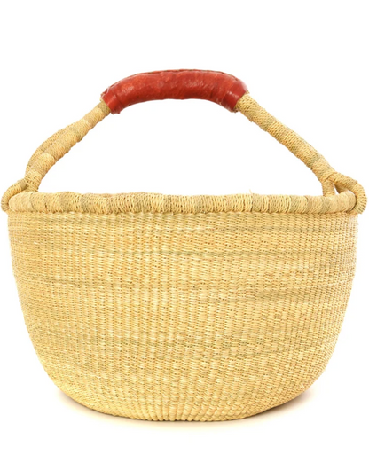 Natural Bolga Basket with Brown Leather from Ghana