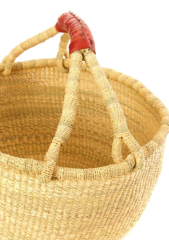 Natural Bolga Basket with Brown Leather from Ghana