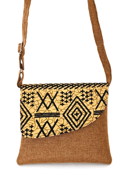 African Print Crossbody Bag in Brown Jute from Kenya