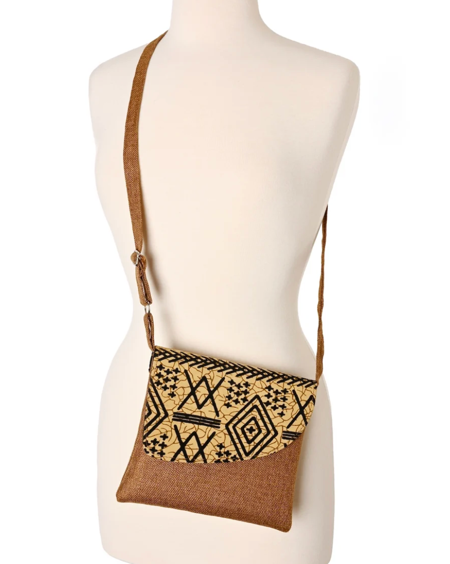 African Print Crossbody Bag in Brown Jute from Kenya