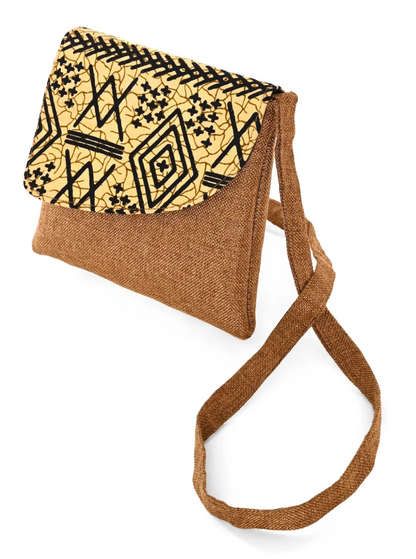 African Print Crossbody Bag in Brown Jute from Kenya