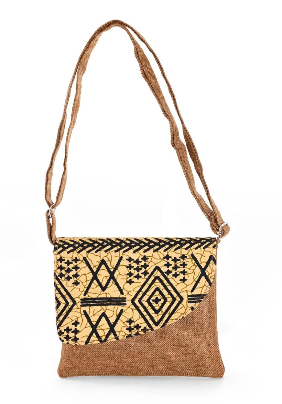 African Print Crossbody Bag in Brown Jute from Kenya