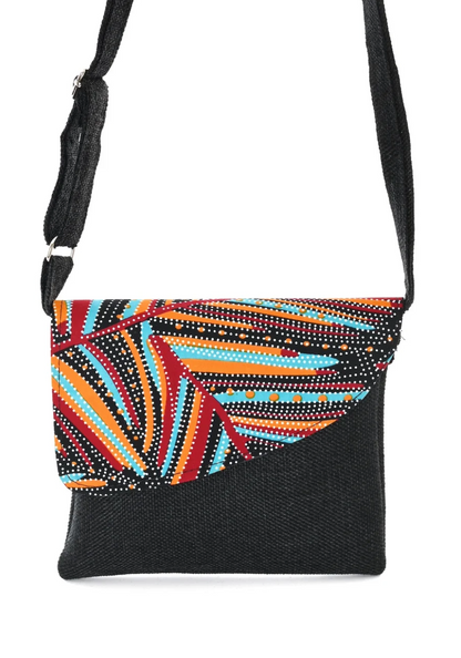 African Print Crossbody Bag in Black Jute from Kenya