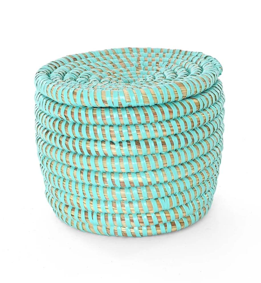 Mini Aqua Flat Top Trinket Basket from Senegal