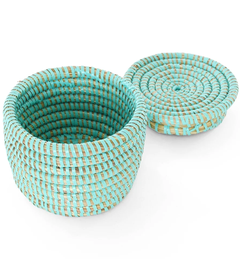 Mini Aqua Flat Top Trinket Basket from Senegal