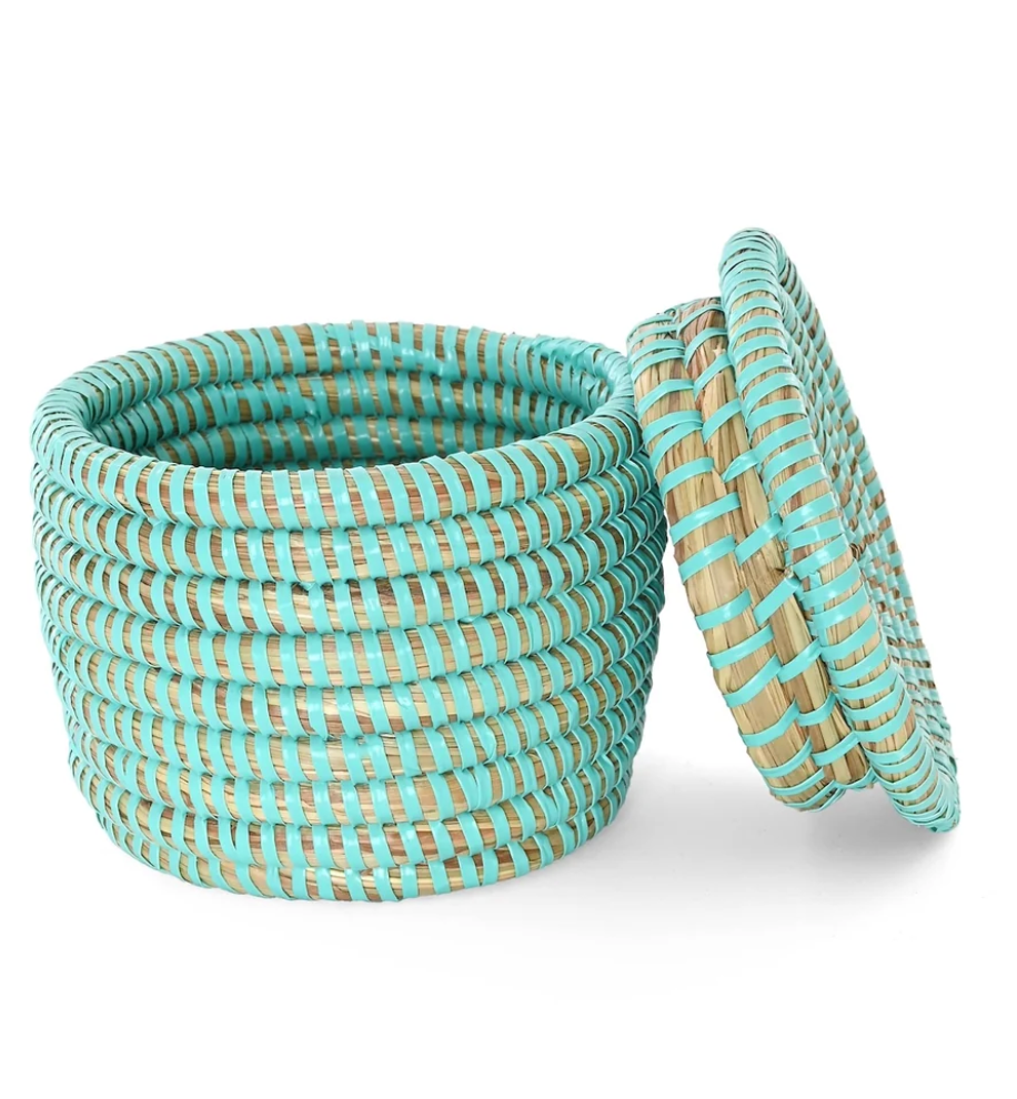 Mini Aqua Flat Top Trinket Basket from Senegal