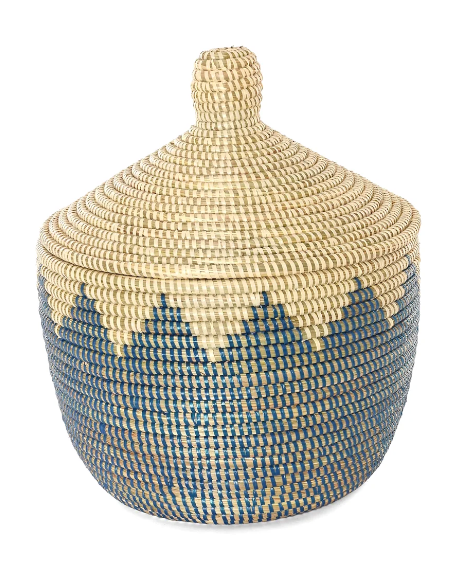 Blue and Cream Lidded Warming Basket from Senegal