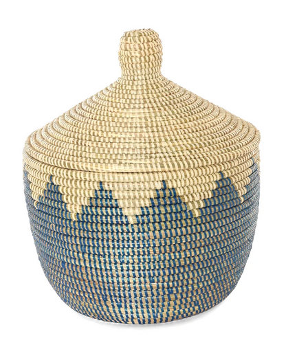 Blue and Cream Lidded Warming Basket from Senegal