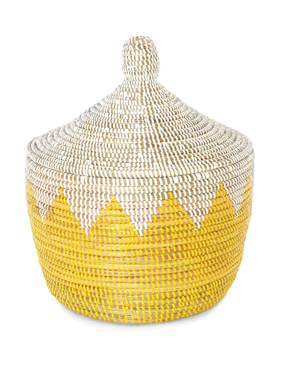 White and Yellow Lidded Warming Basket from Senegal
