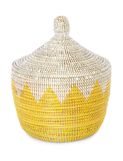 White and Yellow Lidded Warming Basket from Senegal