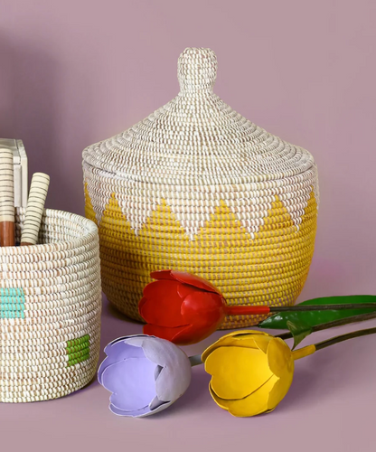 White and Yellow Lidded Warming Basket from Senegal