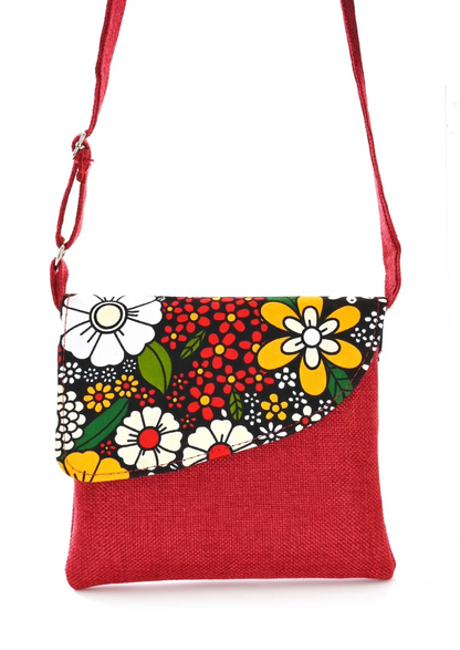 African Print Crossbody Bag in Red Jute from Kenya