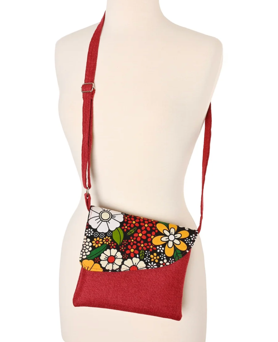 African Print Crossbody Bag in Red Jute from Kenya