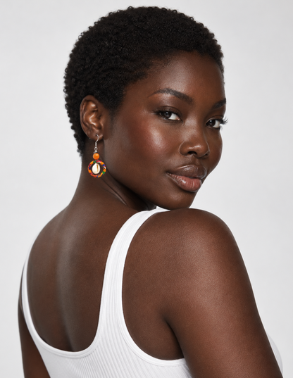'Maiba' Orange Quartzite Cowrie Shell Earrings in Kente Fabric