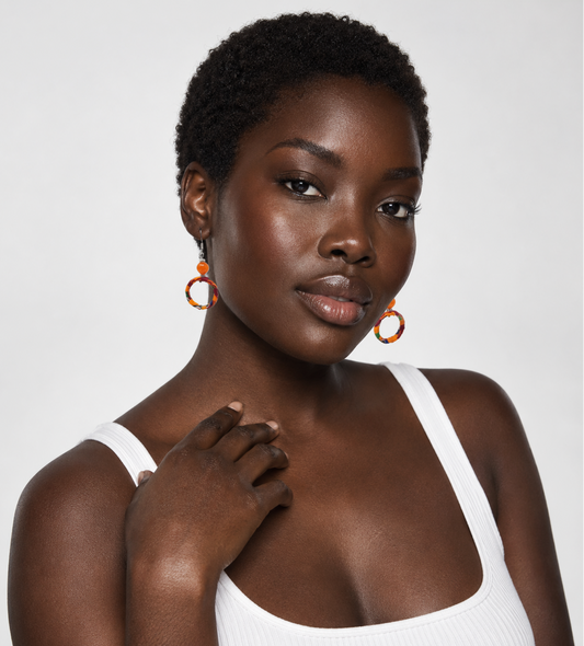 'Maizah' Orange Quartzite Hoop Earrings in Kente Fabric