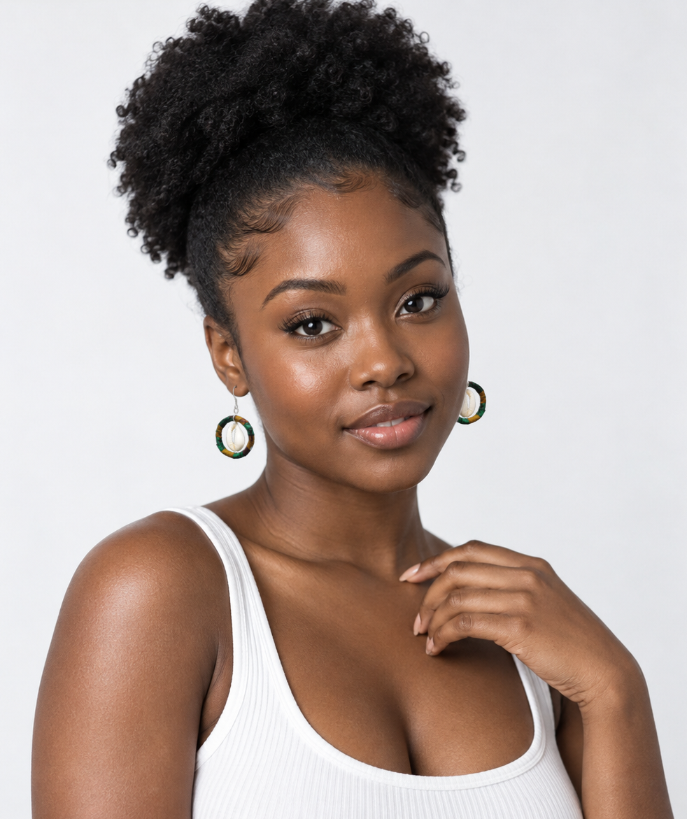 'Mala' Cowrie Shell Hoop Earrings in African Fabric