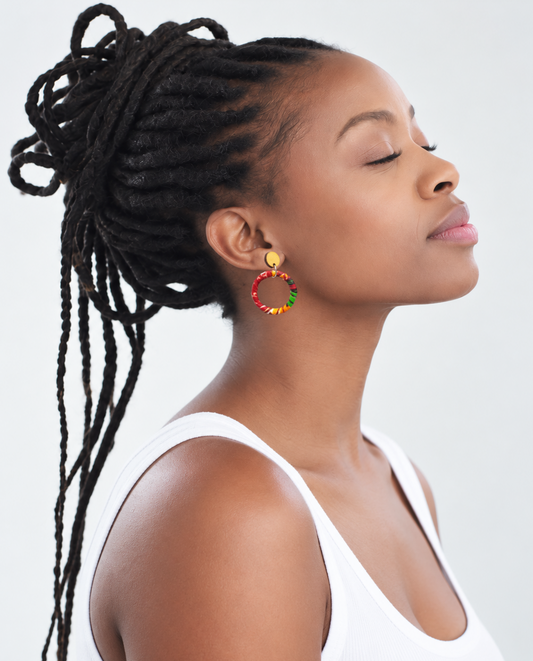 'Naeemah' African Fabric Wrapped Hoop Earrings with Wood Studs