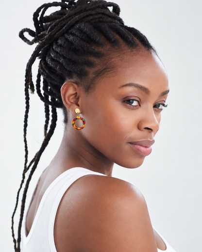 'Naija' Mini African Fabric Wrapped Hoop Earrings with Wood Studs