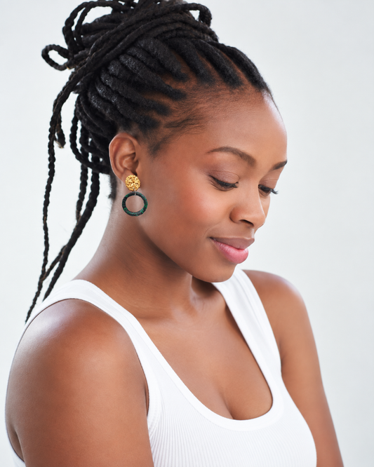 'Ramla' Hand-wrapped African Fabric Hoop Earrings with Rattan Studs