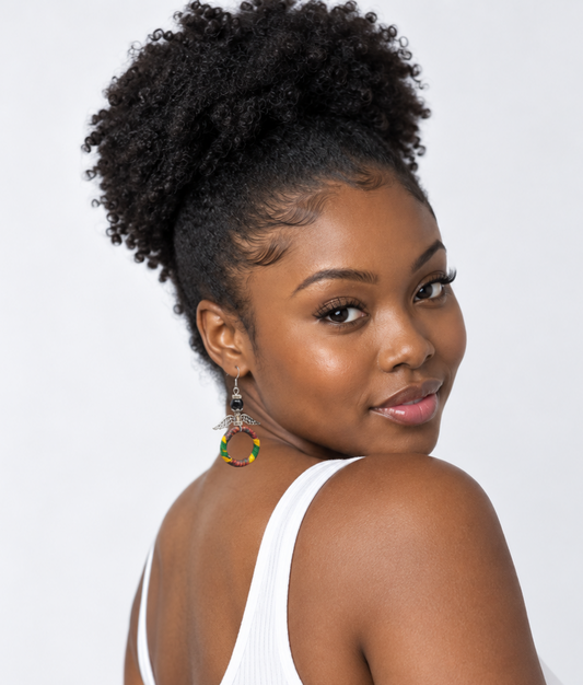 'Raziya' Kente Wrapped Hoop Angel Earrings in Black Jasper