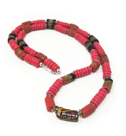 'Sabah' African Trade Bead Necklace with Red Coral