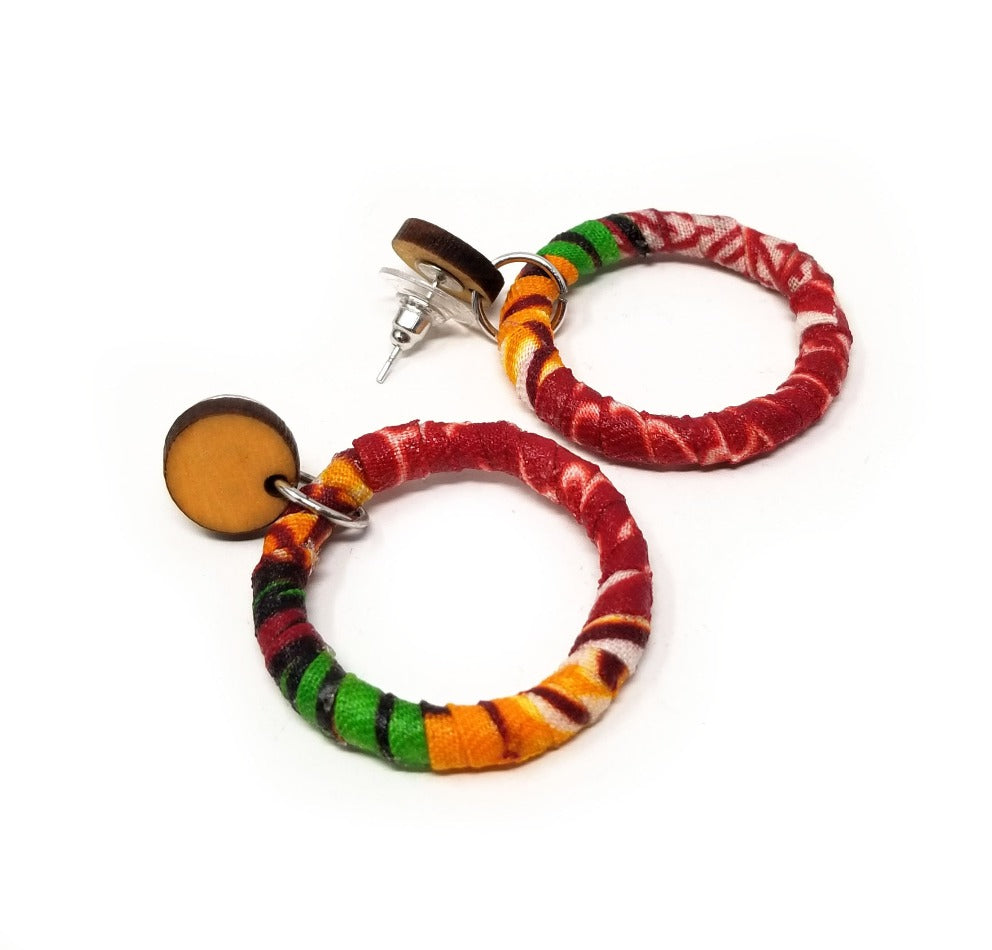'Naeemah' African Fabric Wrapped Hoop Earrings with Wood Studs
