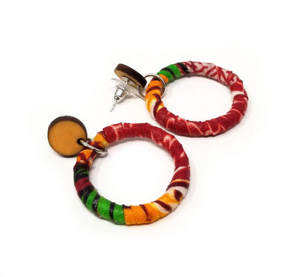 'Naeemah' African Fabric Wrapped Hoop Earrings with Wood Studs