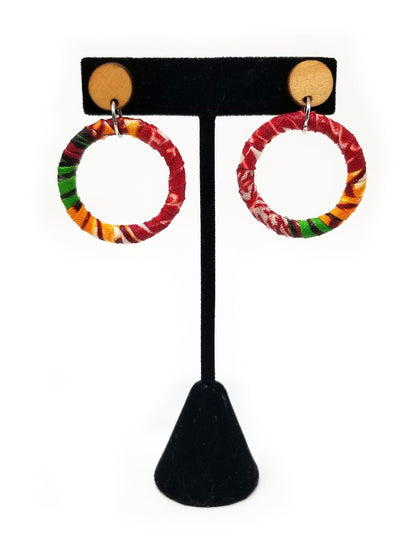 'Naeemah' African Fabric Wrapped Hoop Earrings with Wood Studs