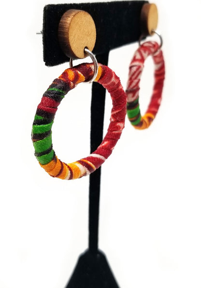 'Naeemah' African Fabric Wrapped Hoop Earrings with Wood Studs