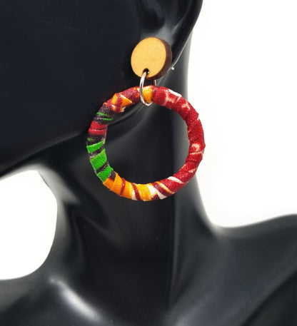 'Naeemah' African Fabric Wrapped Hoop Earrings with Wood Studs